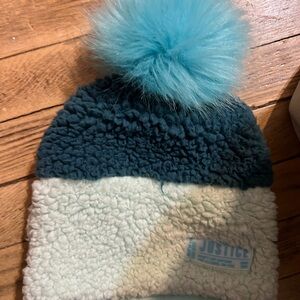 Justice Kids' Teal and Cream Pom-Pom Hat